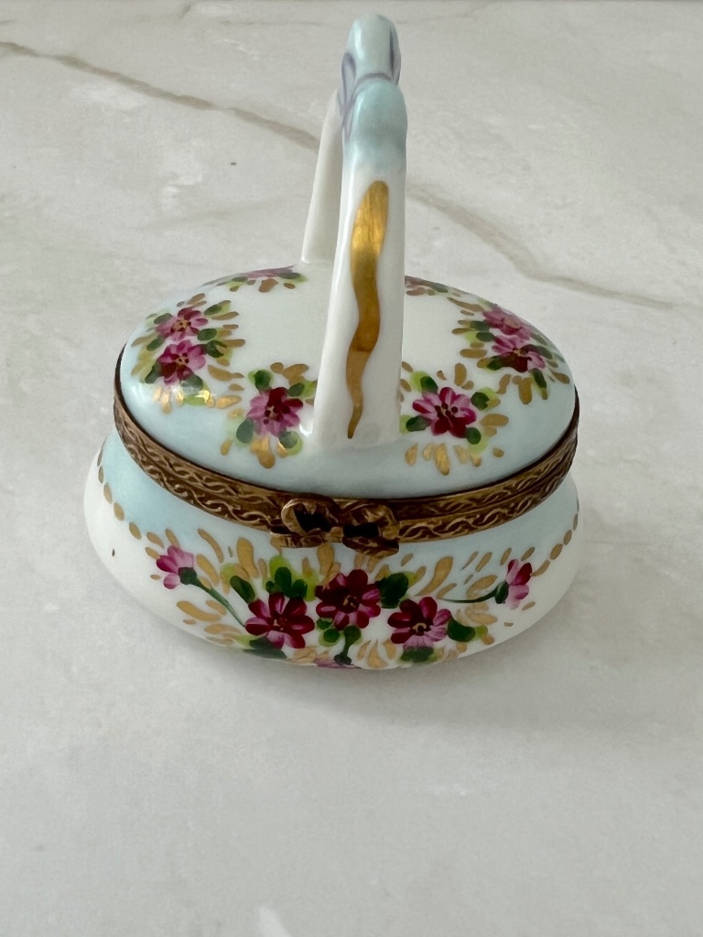 Hand-Painted Limoges Basket Box, Floral Porcelain Handle, Bow Clasp, P.V. France